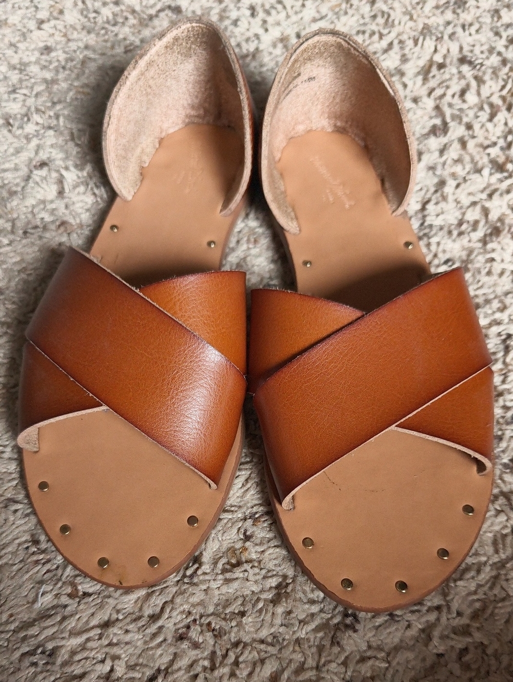 Universal Thread Women’s Tan Cognac Leather Slide Sandals - Classic Cross Strap